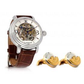 Thomas Earnshaw - Longcase Steel & Brown Watch & Cufflink Set