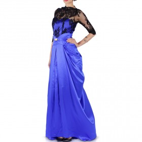 طقم راليا النيلي المكون من بلوزة وتنورة حريرية عالية الخصر