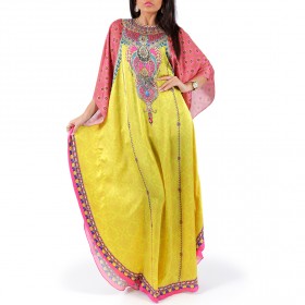 أنشال شاندا - جلابية كشمير أصفر ووردي